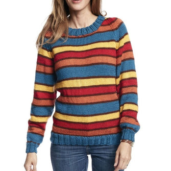 Caron Adult Knit Crew Neck Striped Pullover, Rainbow - 2XL/3XL